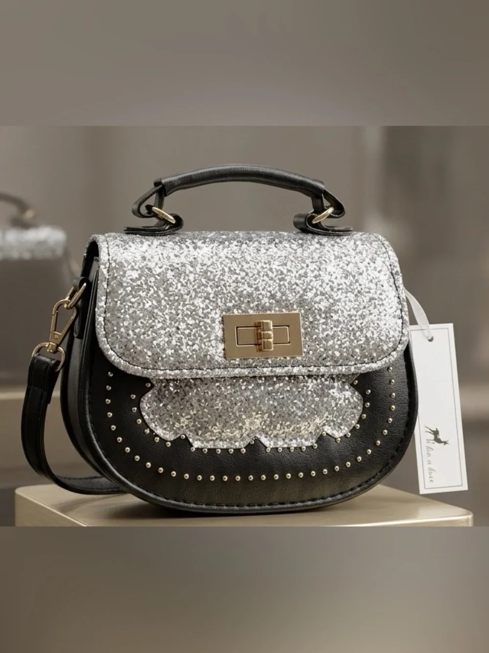 Glitter Silver & Black Studded Top-Handle Satchel